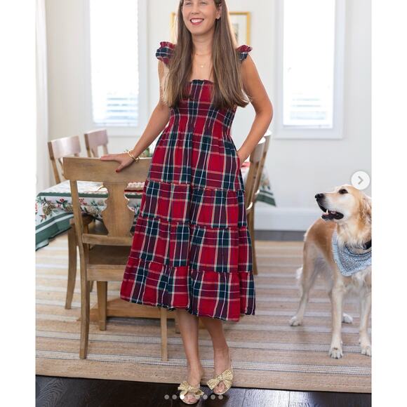 HILL HOUSE Tiered Red Green White Plaid Striped Dress – Medium - Picture 5 of 16